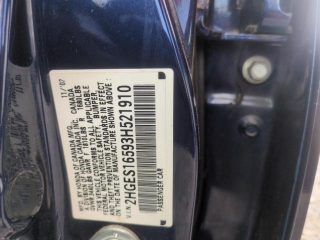 2HGES16593H521910 - 2003 HONDA CIVIC LX أزرق صورة 12