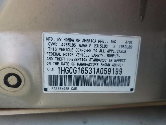1HGCG16531A059199 - 2001 HONDA ACCORD EX BEIGE photo 12