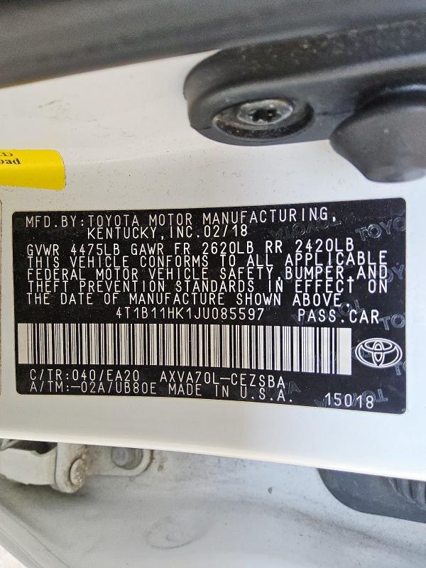 4T1B11HK1JU085597 - 2018 TOYOTA CAMRY L WHITE photo 12