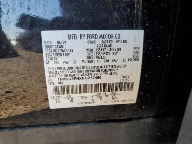 1FMSK8FHXNGB57480 - 2022 FORD EXPLORER LIMITED BLACK photo 12