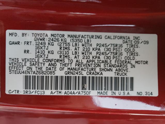 5TEUU4EN7AZ682085 - 2010 TOYOTA TACOMA ACCESS CAB წითელი ფოტო 12