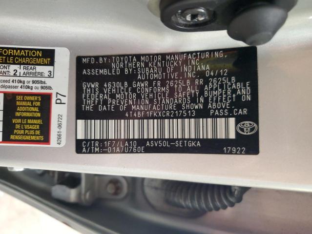4T4BF1FKXCR217513 - 2012 TOYOTA CAMRY BASE SILVER photo 12
