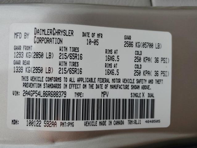 2A4GP54L86R688379 - 2006 CHRYSLER TOWN & COU TOURING ოქროსფერი ფოტო 13