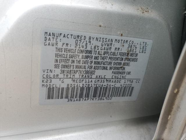 3N1AB7AP7KY386902 - 2019 NISSAN SENTRA S 银色 照片 12