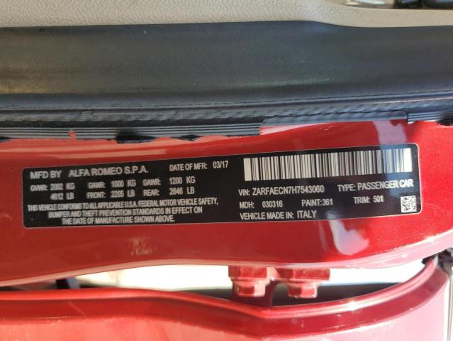 ZARFAECN7H7543060 - 2017 ALFA ROMEO GIULIA TI RED photo 12