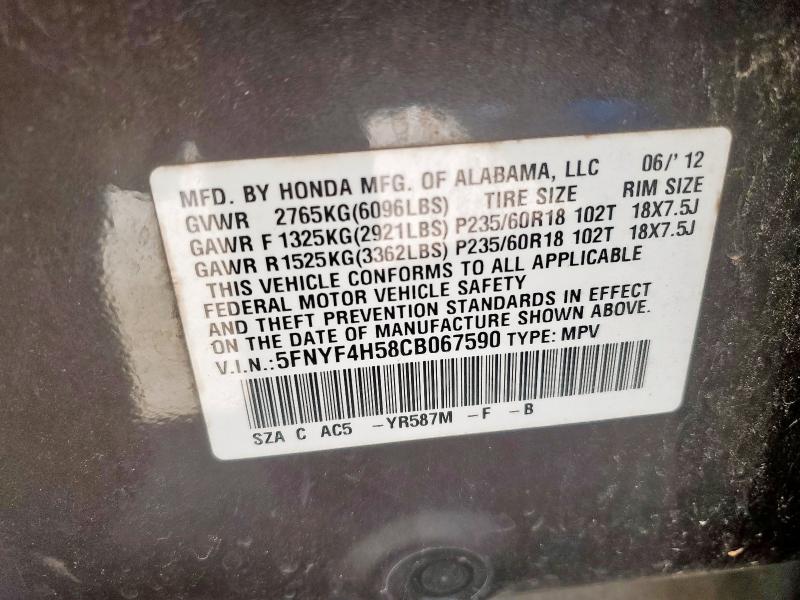 5FNYF4H58CB067590 - 2012 HONDA PILOT EXL GRAY photo 13