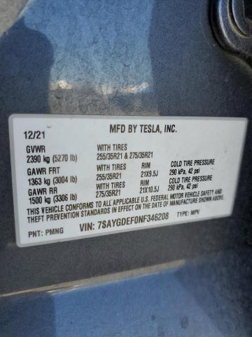 7SAYGDEF0NF346208 - 2022 TESLA MODEL Y GRAY photo 13