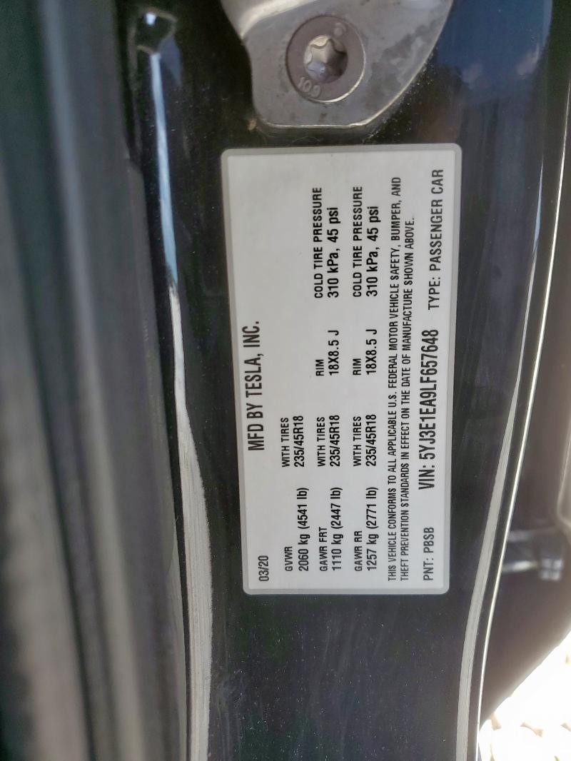 5YJ3E1EA9LF657648 - 2020 TESLA MODEL 3 BLACK photo 12