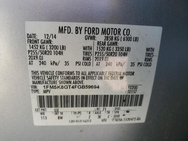 1FM5K8GT4FGB59694 - 2015 FORD EXPLORER SPORT ვერცხლისფერი ფოტო 12