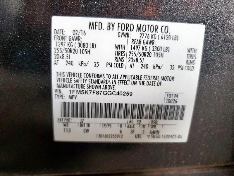 1FM5K7F87GGC40259 - 2016 FORD EXPLORER LIMITED ნაცრისფერი ფოტო 13