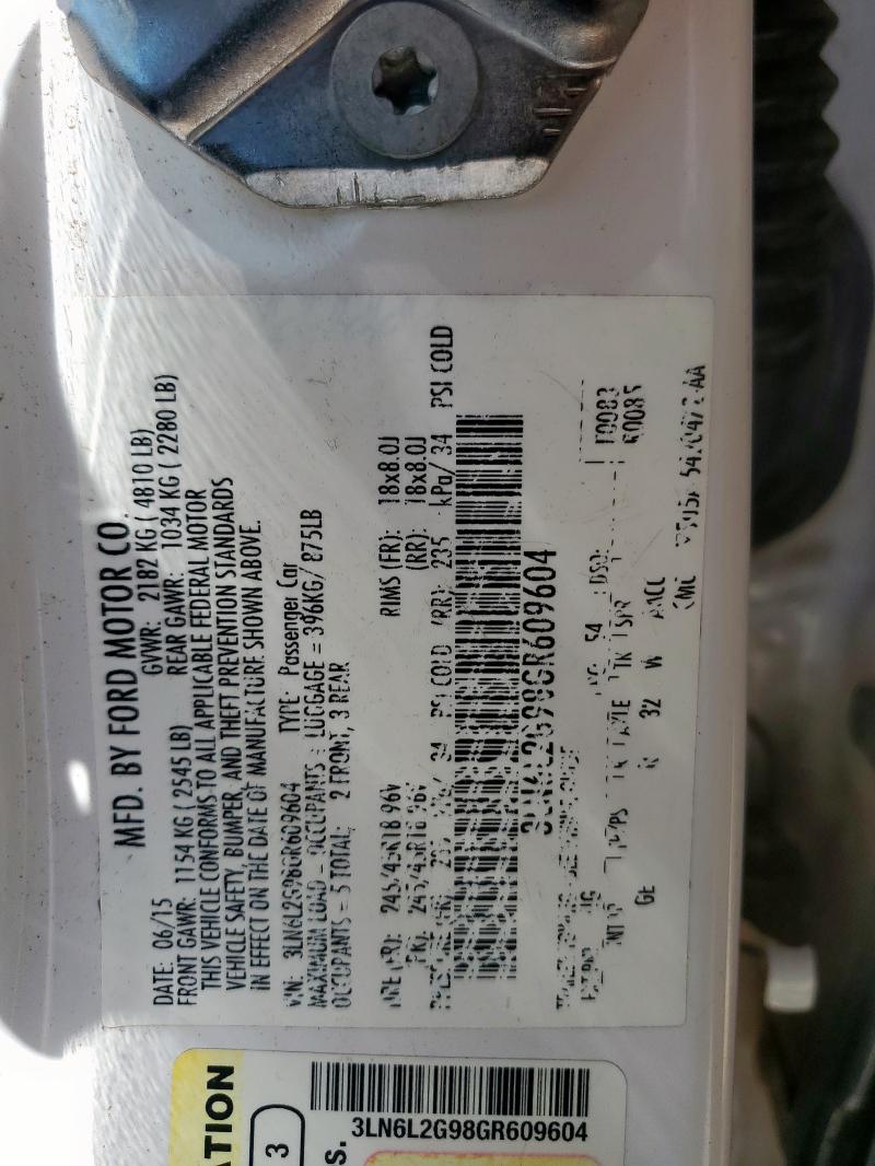 3LN6L2G98GR609604 - 2016 LINCOLN MKZ WHITE photo 13