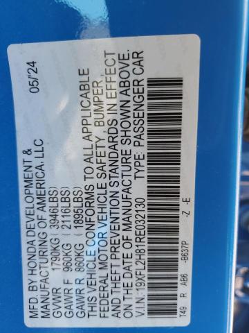 19XFL2H81RE032130 - 2024 HONDA CIVIC SPORT BLUE photo 12