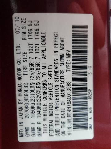 JHLRE4H78AC013583 - 2010 HONDA CR-V EXL MAROON photo 13