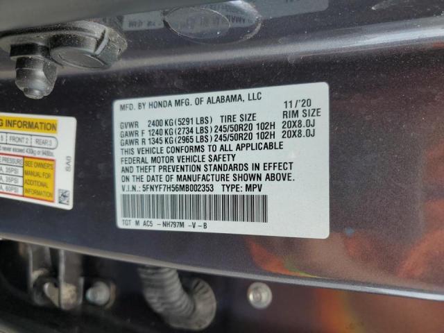 5FNYF7H56MB002353 - 2021 HONDA PASSPORT EXL Графитовый фото 14