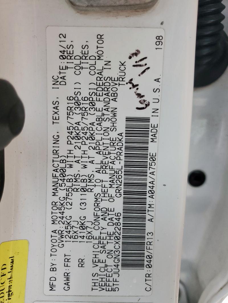 5TFJU4GN3CX022846 - 2012 TOYOTA TACOMA DOUBLE CAB PRERUNNER WHITE photo 13