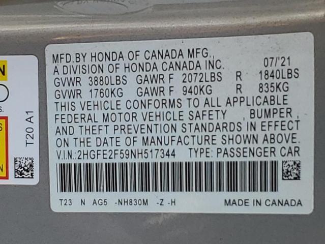 2HGFE2F59NH517344 - 2022 HONDA CIVIC SPORT ვერცხლისფერი ფოტო 12