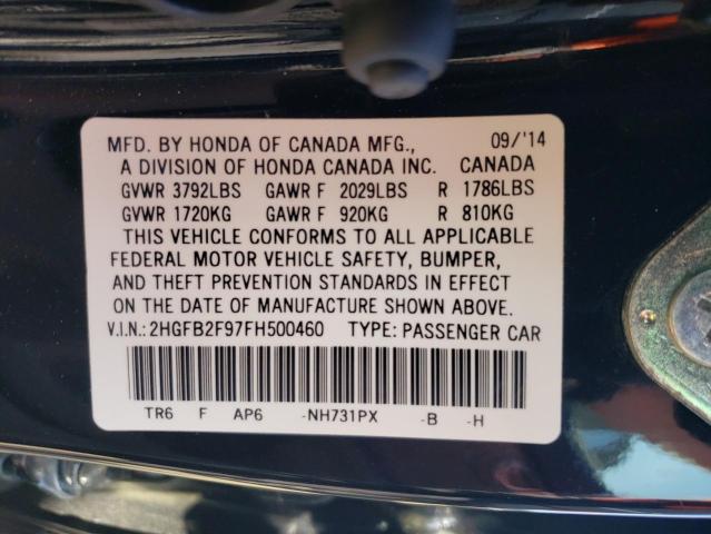 2HGFB2F97FH500460 - 2015 HONDA CIVIC EXL 黑色 照片 12