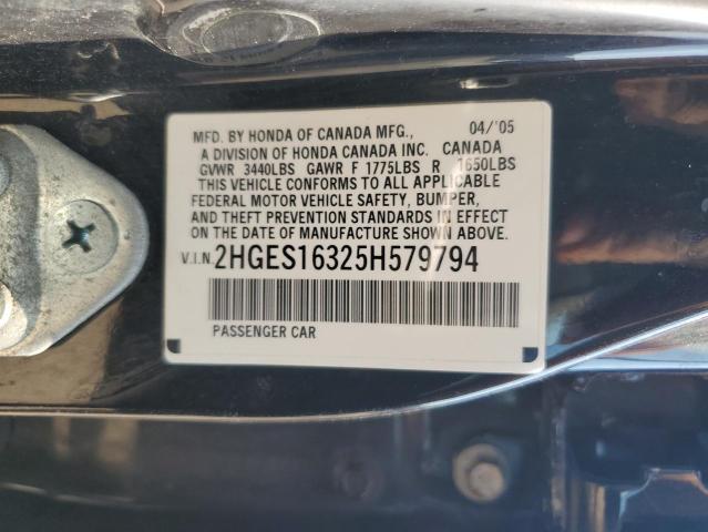 2HGES16325H579794 - 2005 HONDA CIVIC DX VP BLACK photo 12
