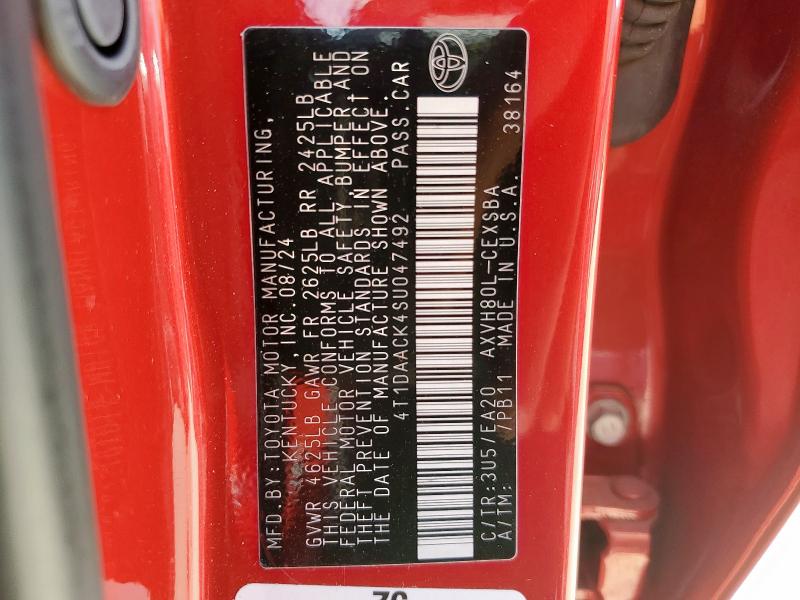 4T1DAACK4SU047492 - 2025 TOYOTA CAMRY XSE RED photo 12