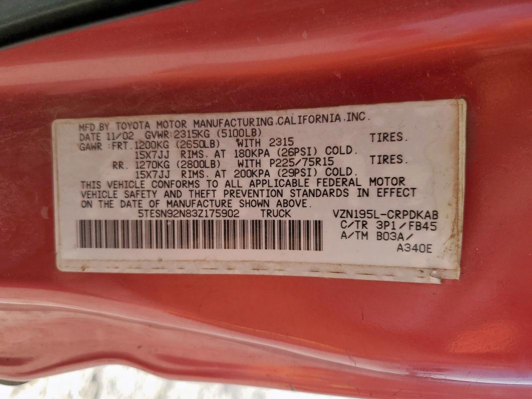 5TESN92N83Z175902 - 2003 TOYOTA TACOMA XTRACAB PRERUNNER Rot Foto 12