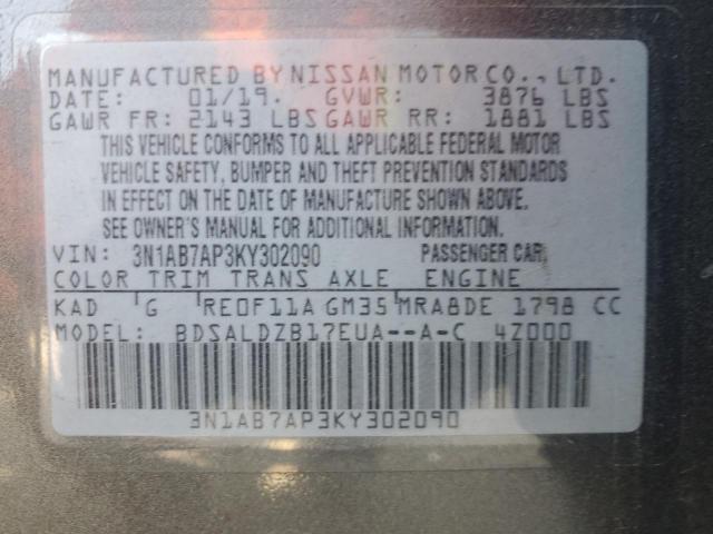 3N1AB7AP3KY302090 - 2019 NISSAN SENTRA S GRAY photo 13