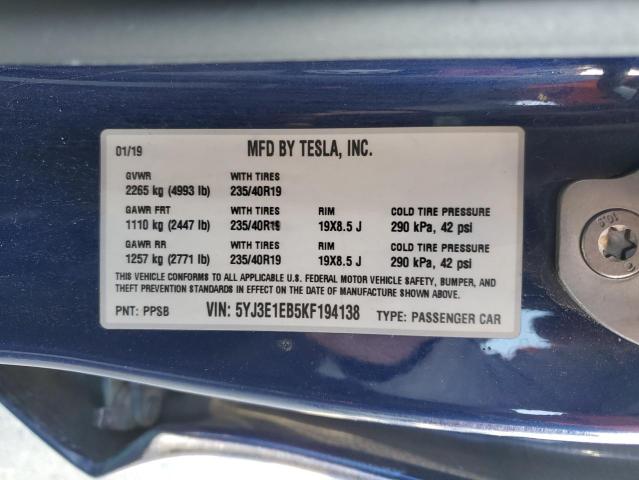 5YJ3E1EB5KF194138 - 2019 TESLA MODEL 3 Կապույտ լուսանկար 13