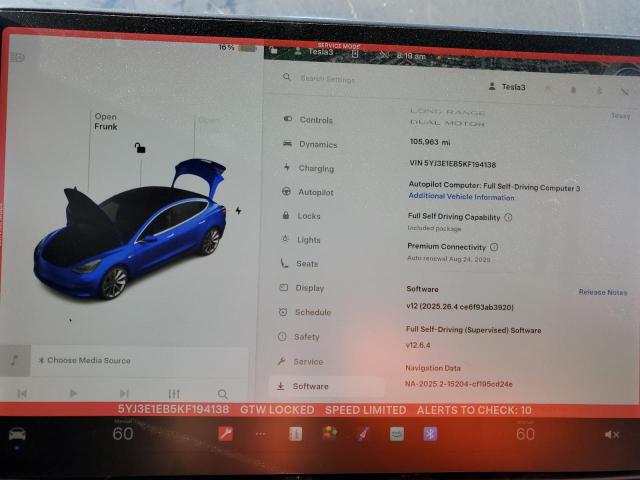 5YJ3E1EB5KF194138 - 2019 TESLA MODEL 3 Կապույտ լուսանկար 9