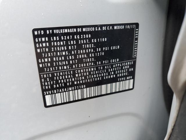 3VV1B7AX4JM071186 - 2018 VOLKSWAGEN TIGUAN S WHITE photo 12