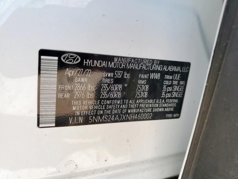 5NMS24AJXNH460002 - 2022 HYUNDAI SANTA FE SEL WHITE photo 13