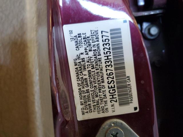 2HGES26733H523577 - 2003 HONDA CIVIC EX MAROON photo 12