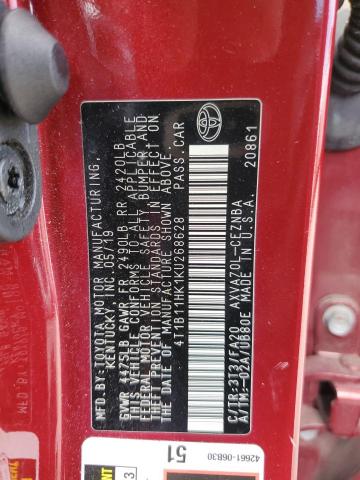 4T1B11HK1KU268628 - 2019 TOYOTA CAMRY L RED photo 12