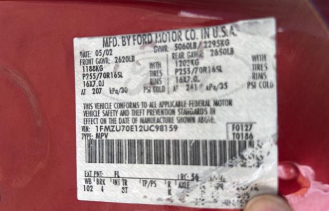 1FMZU70E12UC98159 - 2002 FORD EXPLORER SPORT RED photo 10