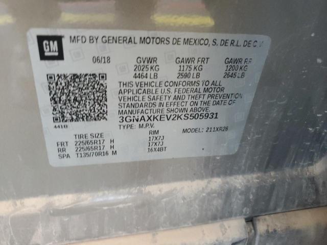 3GNAXKEV2KS505931 - 2019 CHEVROLET EQUINOX LT Gris foto 13