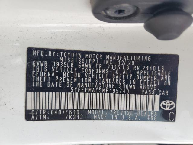 5YFEPMAE5MP195740 - 2021 TOYOTA COROLLA LE 白色 照片 12