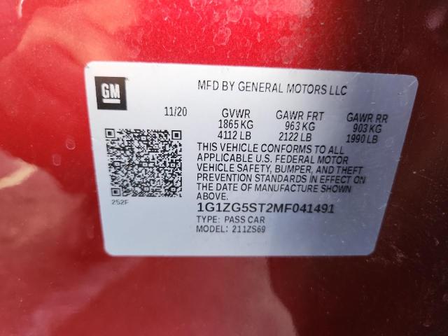 1G1ZG5ST2MF041491 - 2021 CHEVROLET MALIBU RS წითელი ფოტო 12