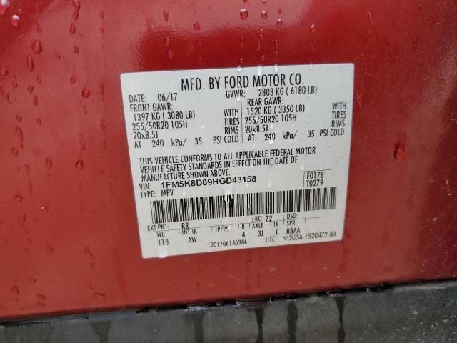 1FM5K8D89HGD43158 - 2017 FORD EXPLORER XLT RED photo 13