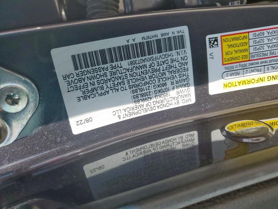 1HGCV1F5XNA073581 - 2022 HONDA ACCORD EXL GRAY photo 12