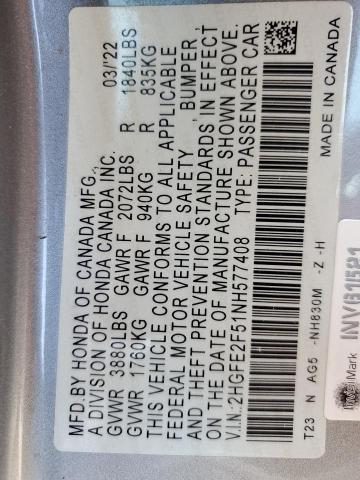 2HGFE2F51NH577408 - 2022 HONDA CIVIC SPORT Gümüş foto 13