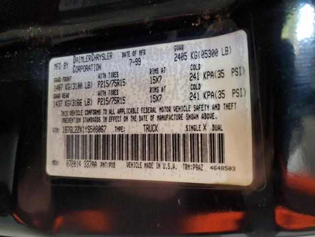 1B7GL22X1YS508067 - 2000 DODGE DAKOTA BLACK photo 12