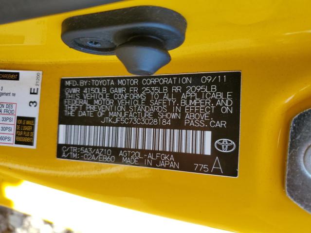 JTKJF5C73C3028184 - 2012 TOYOTA SCION TC 黄色 照片 12