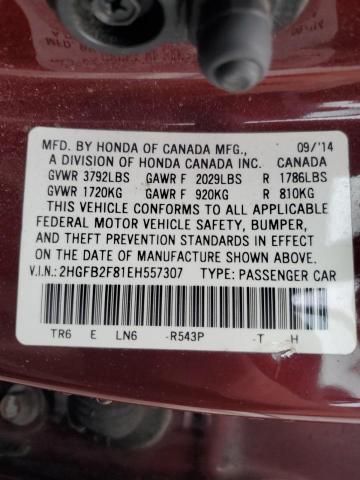 2HGFB2F81EH557307 - 2014 HONDA CIVIC EX MAROON photo 12