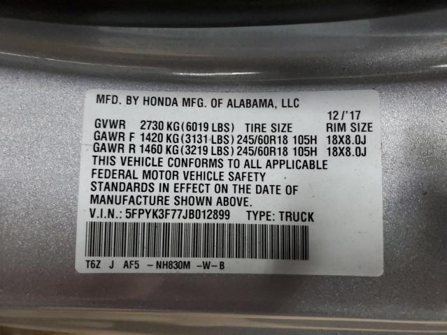 5FPYK3F77JB012899 - 2018 HONDA RIDGELINE RTL Արծաթագույն լուսանկար 12