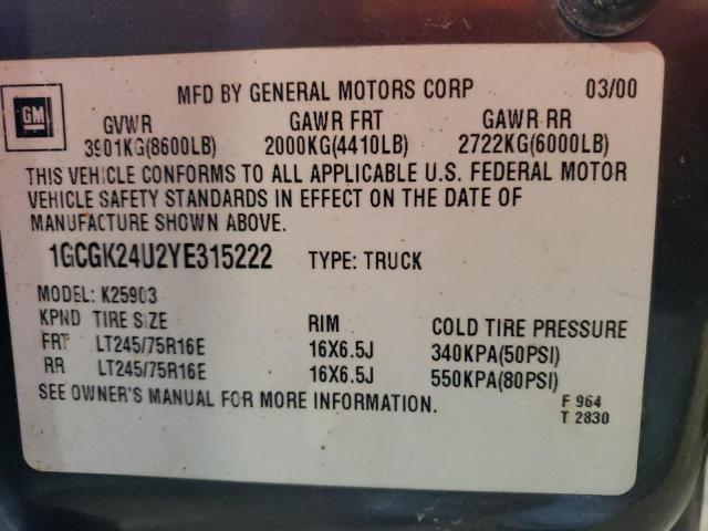 1GCGK24U2YE315222 - 2000 CHEVROLET SILVERADO K2500 GRAY photo 12