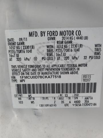 1FMCU0D78CKA77518 - 2012 FORD ESCAPE XLT WHITE photo 12
