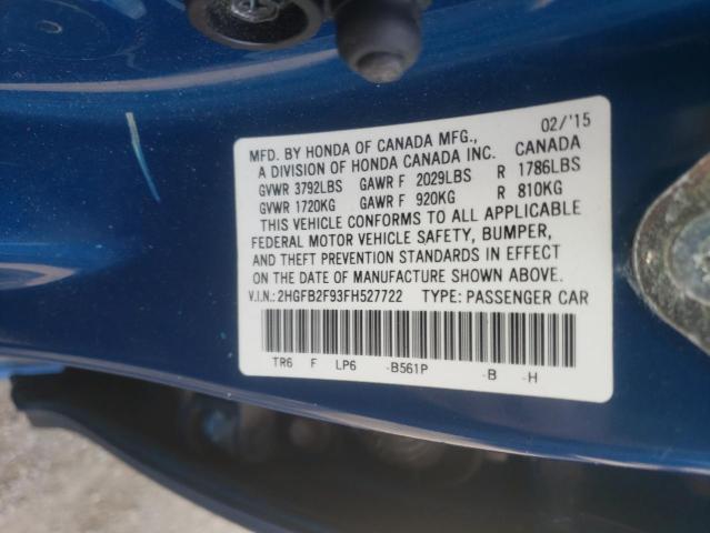 2HGFB2F93FH527722 - 2015 HONDA CIVIC EXL BLUE photo 12