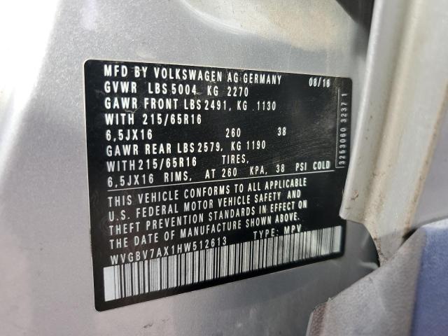 WVGBV7AX1HW512613 - 2017 VOLKSWAGEN TIGUAN S SILVER photo 13