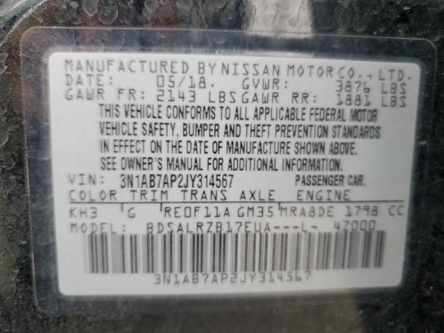 3N1AB7AP2JY314567 - 2018 NISSAN SENTRA S შავი ფოტო 12