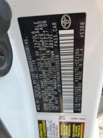4T1B11HK9KU250538 - 2019 TOYOTA CAMRY L WHITE photo 12