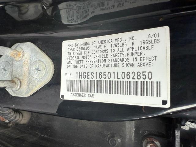 1HGES16501L062850 - 2001 HONDA CIVIC LX BLACK photo 10