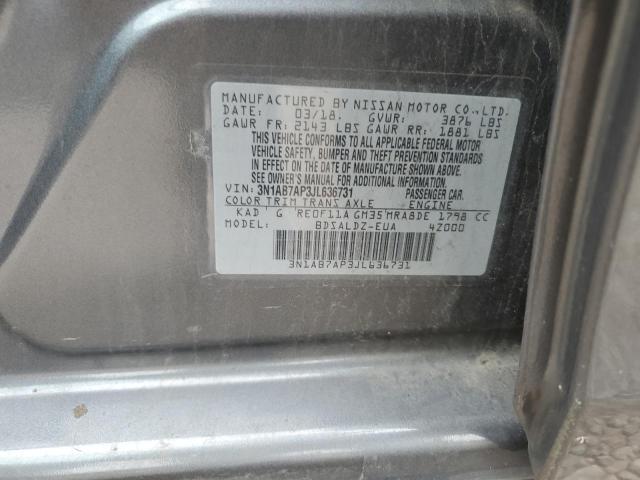 3N1AB7AP3JL636731 - 2018 NISSAN SENTRA S 灰色 照片 12